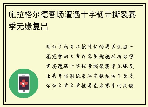 施拉格尔德客场遭遇十字韧带撕裂赛季无缘复出